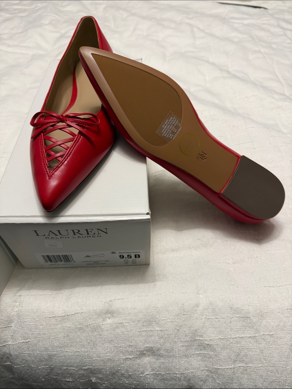 Lauren Ralph Lauren Red Pointed Toe Lace-Up Ballet Flats